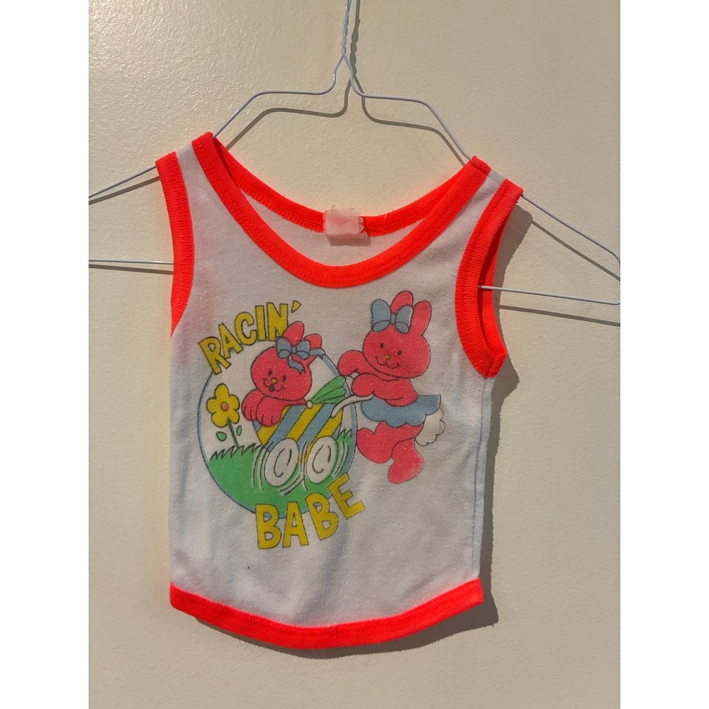 Vintage Racin Babe Bunny Tank Top White Neon Orange Trim Ribbed Shirt 6-9M